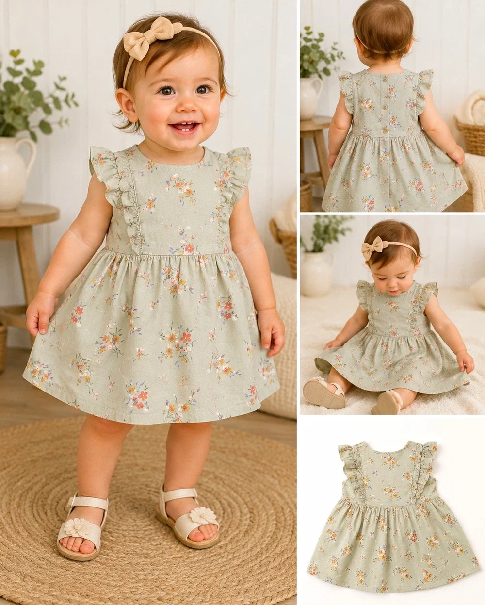 OshKosh B’gosh Baby Girl Floral Dress 18M Sage Green Ruffle 100% Cotton